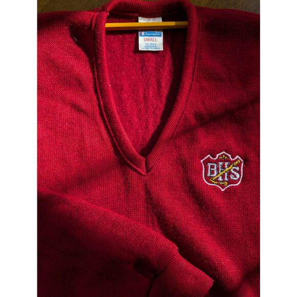 Vintage Champion V-neck Sweater Men's Small Red Uniform Crest BHS - Picture 3 of 10